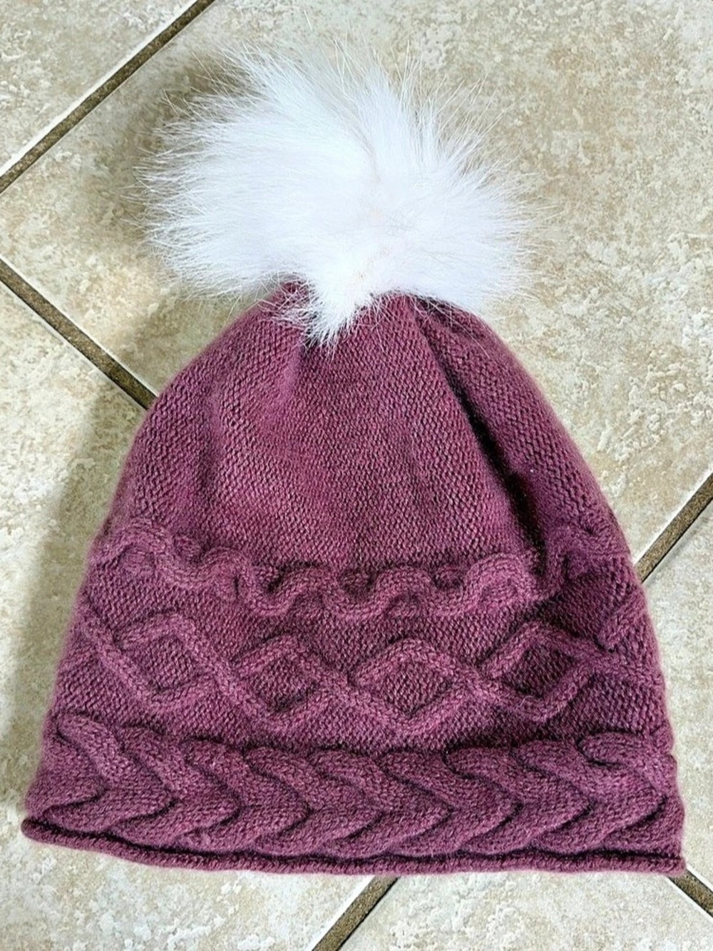 WHITE PINE  MAUVE 100% Cashmere 2 PLY WITH Faux Fur Pom Knit Beanie Winter Hat